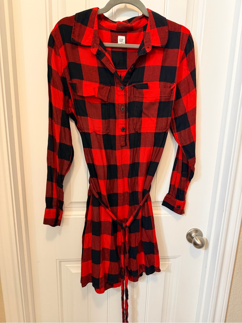 GAP Red and Black Buffalo Plaid Tie-Waist Shirt Dress
